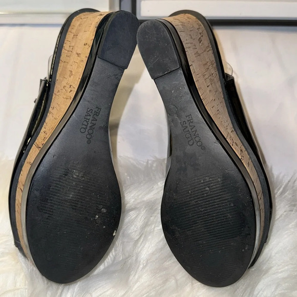 Franco Sarto Safari Black Patent Heels Peep Toe 9.5M Cork Wedges Slingback - Picture 7 of 8